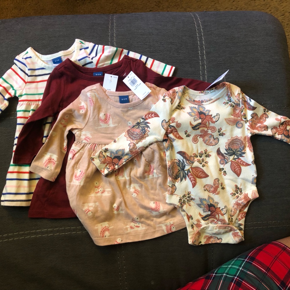 New with tags, old, navy, baby girl dresses and onesie